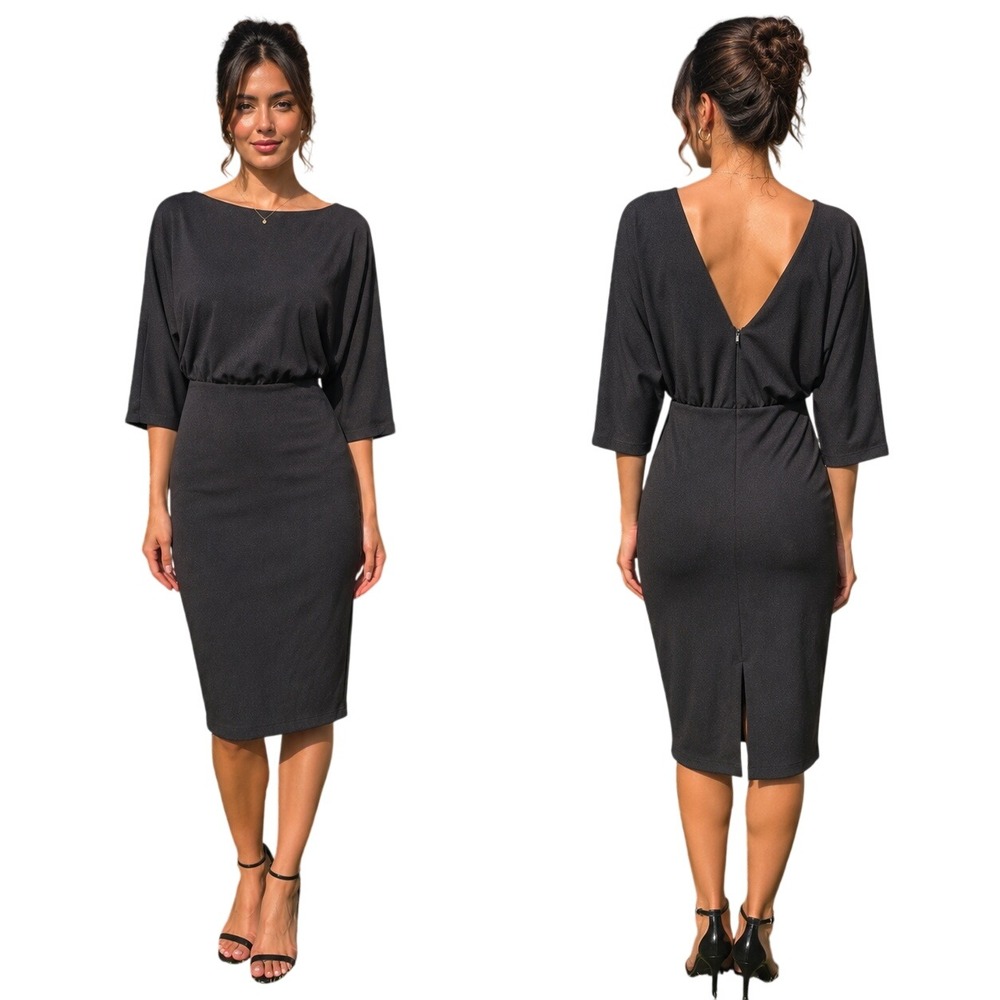 Alexia Admor NWT Womens Black D3786 Dolman 3/4 Sleeve V-Back Sheath Midi Dress M